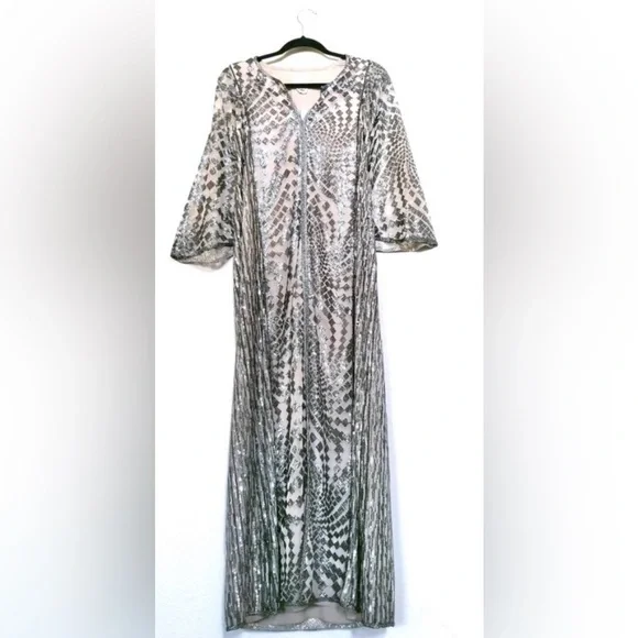 NWT | Free People x Anna Sui Sequin Embroidered Silver Front Slit Maxi Dress XS - Picture 4 of 15
